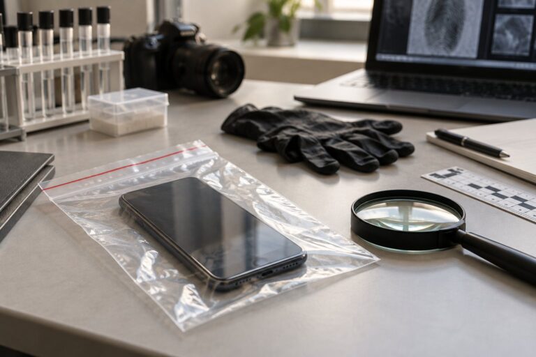 Celular em embalagem transparente sobre uma mesa de análise pericial.