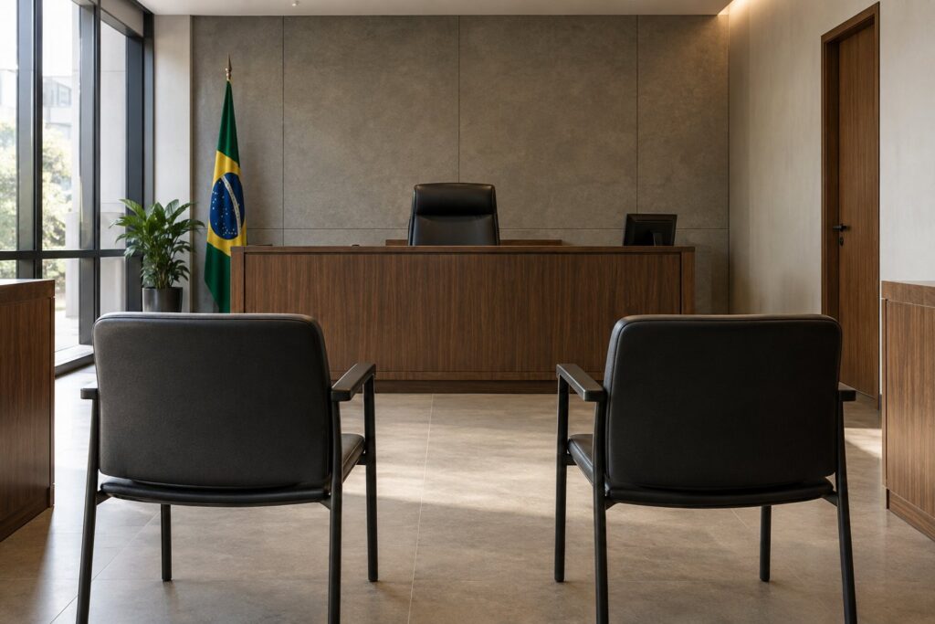 Sala de audiência vazia com duas cadeiras diante da mesa principal.