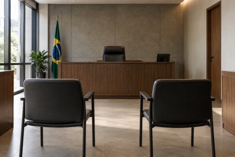 Sala de audiência vazia com duas cadeiras diante da mesa principal.