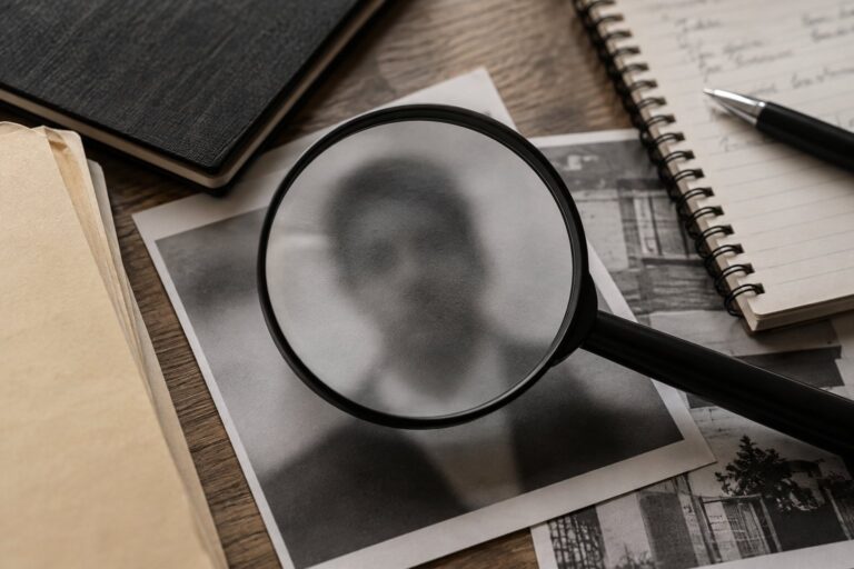 Lupa sobre fotografia anônima ao lado de caderno de anotações.