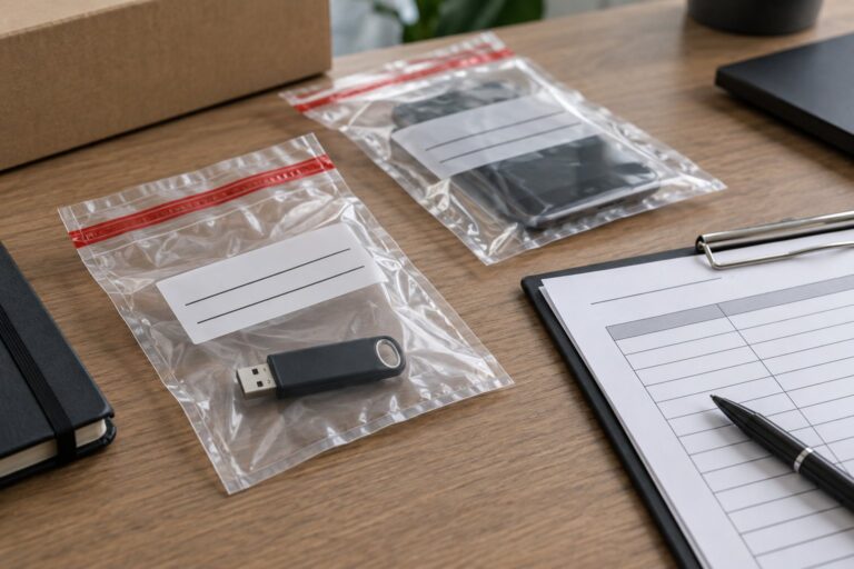 Dispositivos digitais em embalagens transparentes ao lado de formulário de registro.