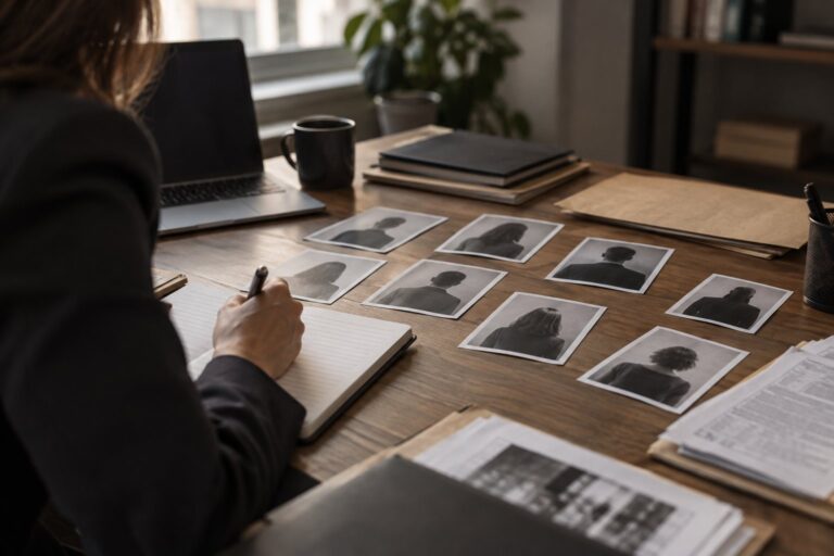 Fotografias anônimas organizadas sobre mesa para análise documental.