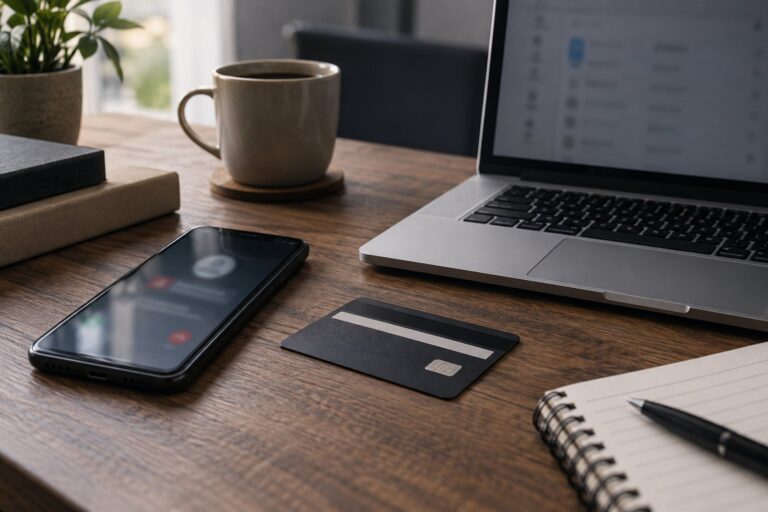 Celular ao lado de cartão bancário e computador sobre mesa.