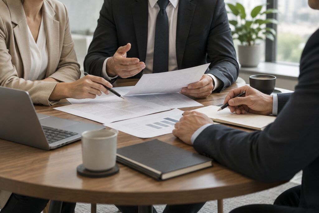 Três pessoas analisando documentos em uma reunião empresarial.