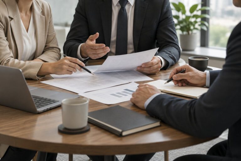 Três pessoas analisando documentos em uma reunião empresarial.