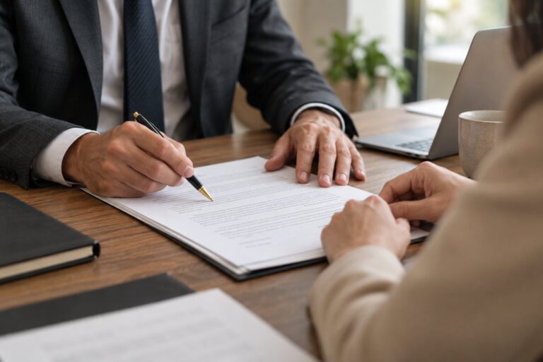 Mãos revisando cláusulas contratuais com caneta sobre uma mesa.