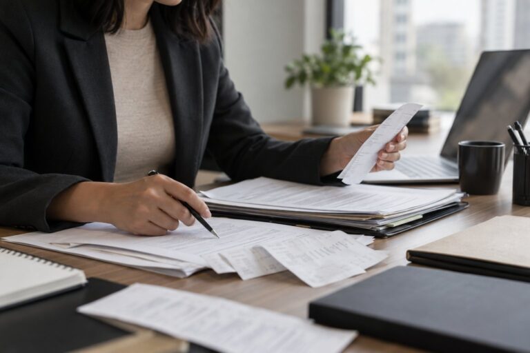 Profissional analisando recibos e documentos em uma mesa de trabalho.