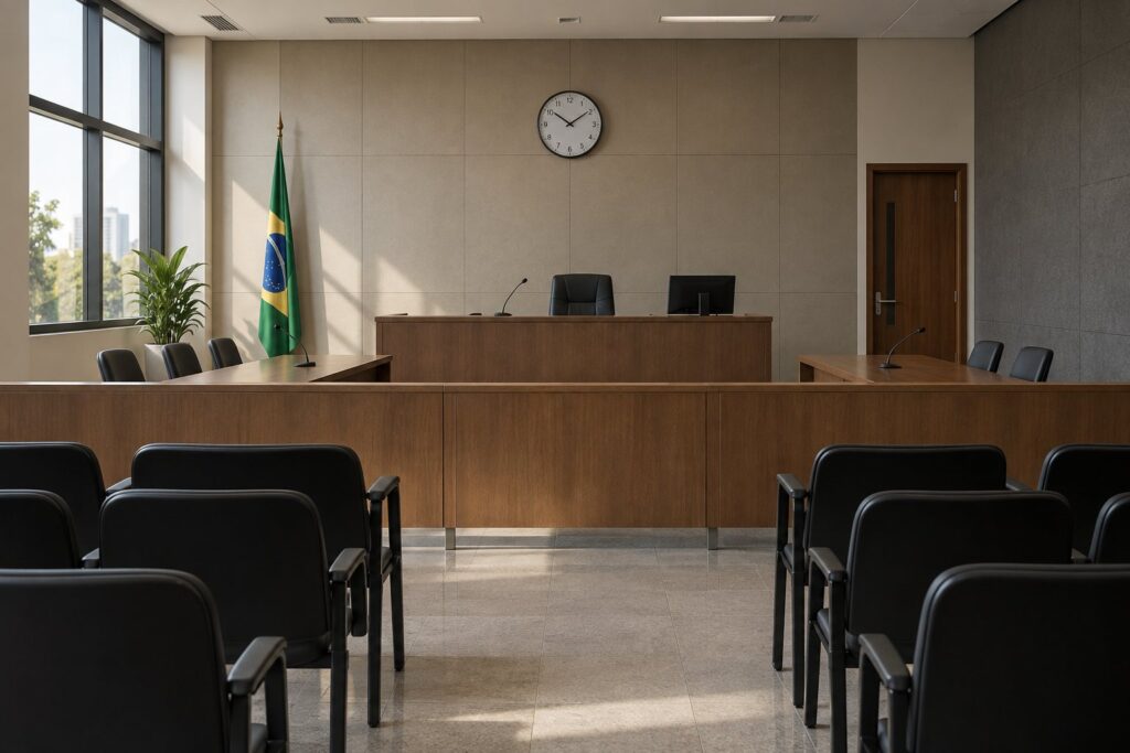 Relógio na parede de uma sala de audiência vazia.