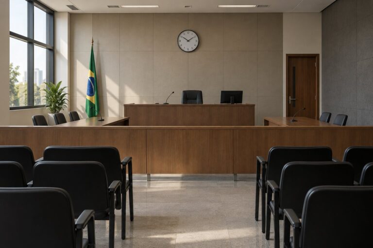 Relógio na parede de uma sala de audiência vazia.