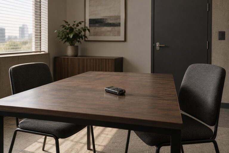 Sala de entrevista vazia com duas cadeiras e gravador sobre a mesa.