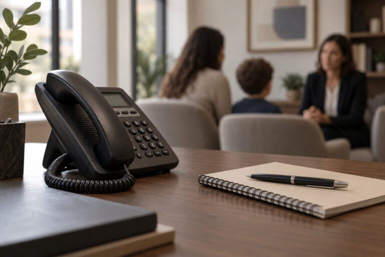 Telefone de mesa ao lado de caderno e caneta.