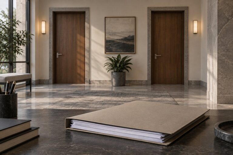 Corredor institucional com portas e pasta de documentos.