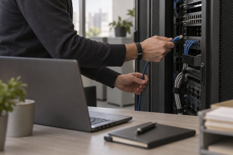 Profissional desconectando cabo de rede junto a computador.