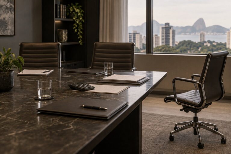 Sala de reunião vazia com pastas sobre uma mesa.