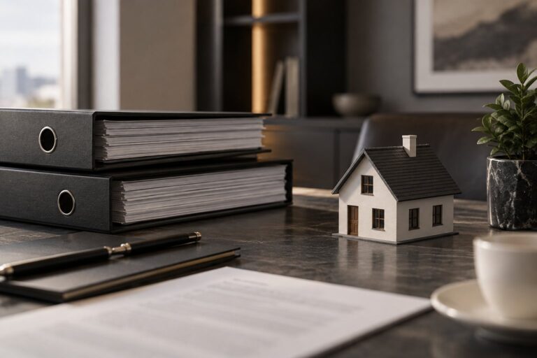 Pastas de documentos e miniatura de casa sobre uma mesa.