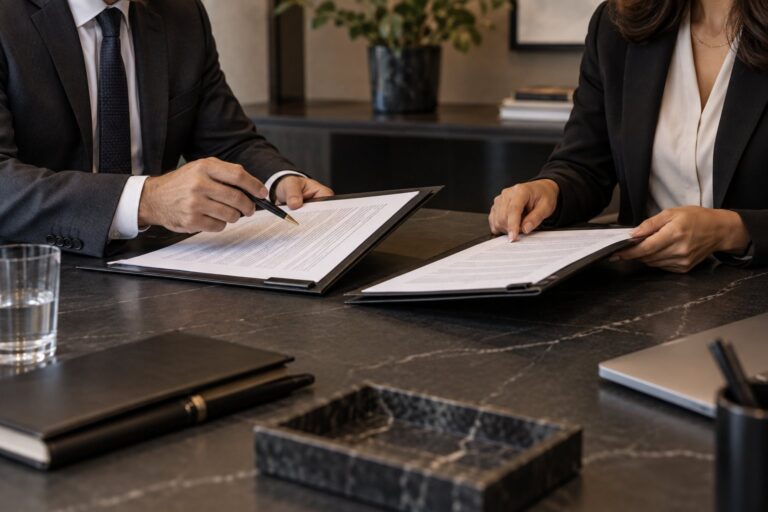Documentos contratuais em uma mesa de reunião empresarial.