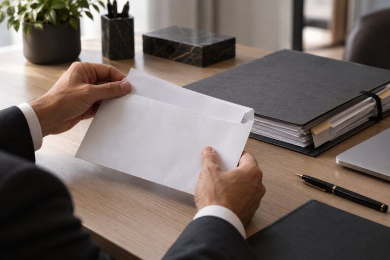 Mãos segurando um envelope ao lado de uma pasta de documentos.