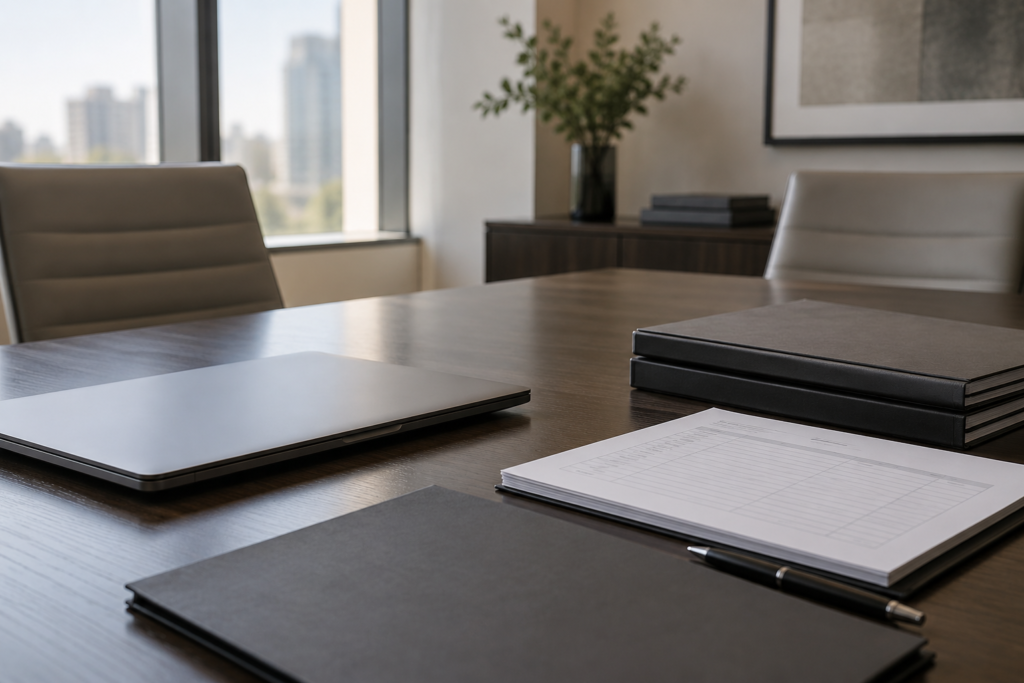 Notebook fechado e pastas organizadas sobre uma mesa de reunião empresarial.
