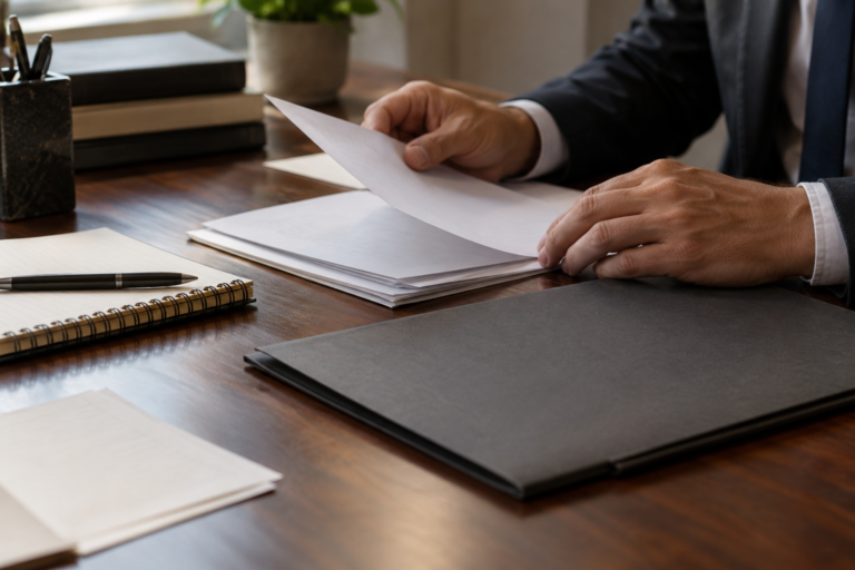 Mãos organizando documentos e anotações cronológicas sobre uma mesa.